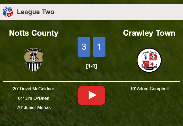 Notts County prevails over Crawley Town 3-1 after recovering from a 0-1 deficit. HIGHLIGHTS