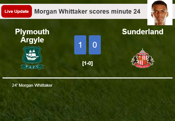 LIVE UPDATES. Plymouth Argyle leads Sunderland 1-0 after Morgan Whittaker scored in the 24 minute
