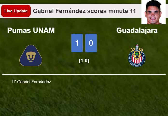 LIVE UPDATES. Pumas UNAM leads Guadalajara 1-0 after Gabriel Fernández scored in the 11 minute