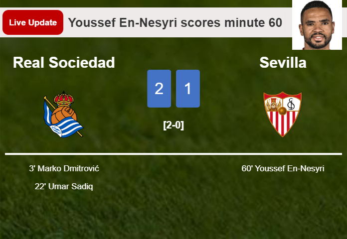 LIVE UPDATES. Sevilla getting closer to Real Sociedad with a goal from Youssef En-Nesyri in the 60 minute and the result is 1-2