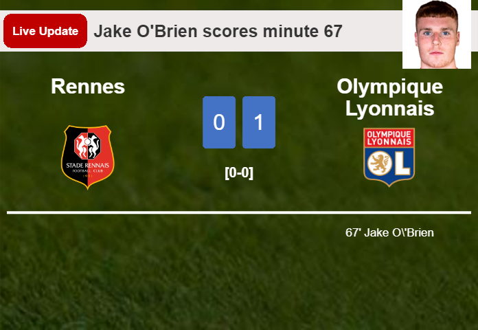 LIVE UPDATES. Olympique Lyonnais leads Rennes 1-0 after Jake O'Brien scored in the 67 minute