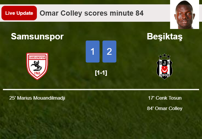 LIVE UPDATES. Beşiktaş takes the lead over Samsunspor with a goal from Omar Colley in the 84 minute and the result is 2-1