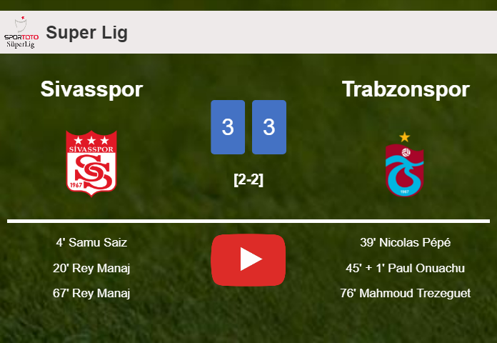 Sivasspor and Trabzonspor draws a exciting match 3-3 on Monday. HIGHLIGHTS