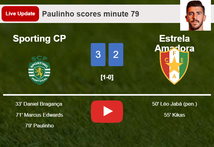 LIVE UPDATES. Sporting CP takes the lead over Estrela Amadora with a goal from Paulinho in the 79 minute and the result is 3-2