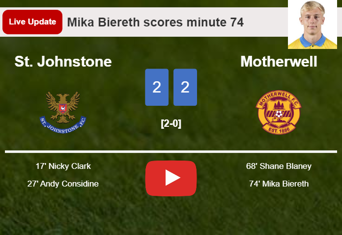 LIVE UPDATES. Motherwell draws St. Johnstone with a goal from Mika Biereth in the 74 minute and the result is 2-2