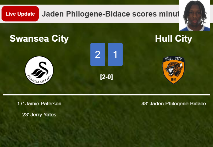 LIVE UPDATES. Hull City getting closer to Swansea City with a goal from Jaden Philogene-Bidace in the 48 minute and the result is 1-2