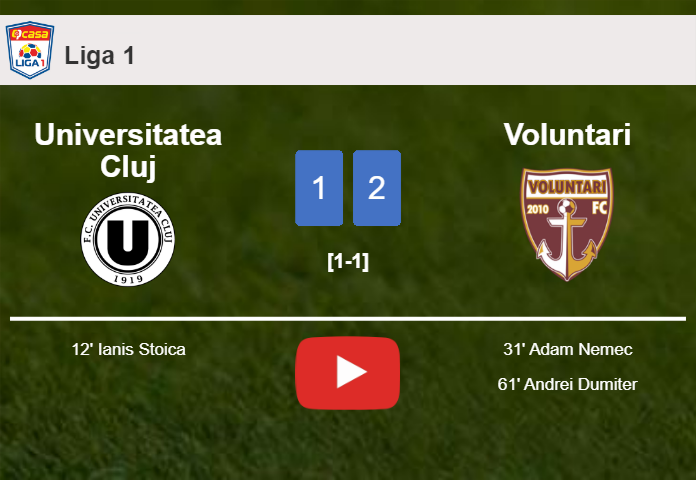 Voluntari recovers a 0-1 deficit to defeat Universitatea Cluj 2-1. HIGHLIGHTS