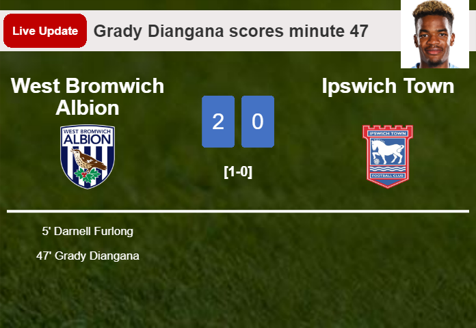 LIVE UPDATES. West Bromwich Albion scores again over Ipswich Town with a goal from Grady Diangana in the 47 minute and the result is 2-0