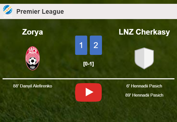 LNZ Cherkasy tops Zorya 2-1 with H. Pasich scoring a double. HIGHLIGHTS