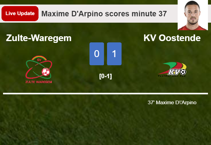 LIVE UPDATES. KV Oostende leads Zulte-Waregem 1-0 after Maxime D'Arpino scored in the 37 minute