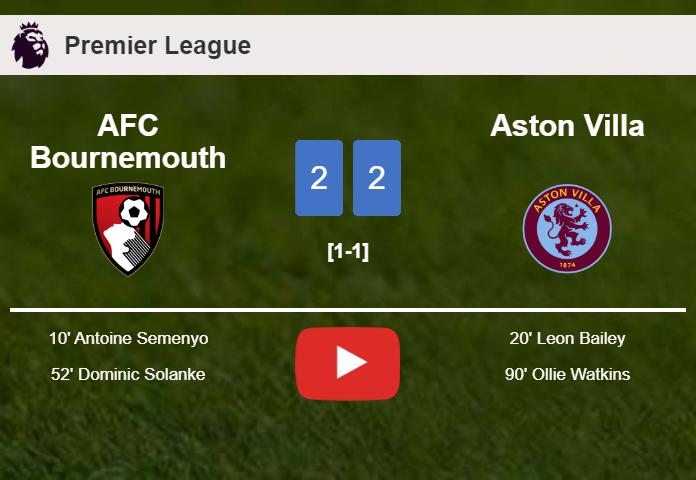 AFC Bournemouth and Aston Villa draw 2-2 on Sunday. HIGHLIGHTS
