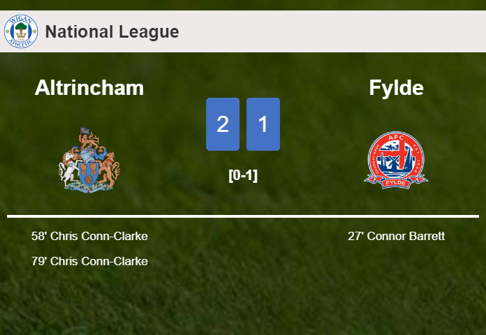 Altrincham recovers a 0-1 deficit to defeat Fylde 2-1 with C. Conn-Clarke scoring 2 goals