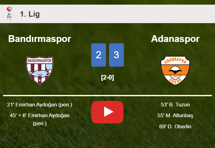 Adanaspor prevails over Bandırmaspor after recovering from a 2-0 deficit. HIGHLIGHTS