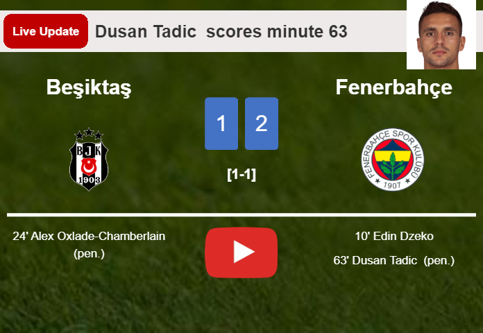 LIVE UPDATES. Fenerbahçe takes the lead over Beşiktaş with a penalty from Dusan Tadic  in the 63 minute and the result is 2-1