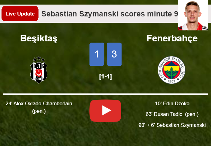LIVE UPDATES. Fenerbahçe extends the lead over Beşiktaş with a goal from Sebastian Szymanski in the 90 minute and the result is 3-1