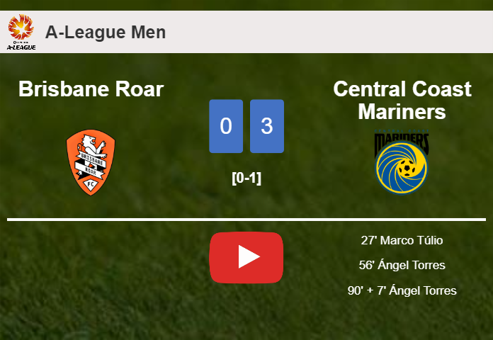 Central Coast Mariners overcomes Brisbane Roar 3-0. HIGHLIGHTS