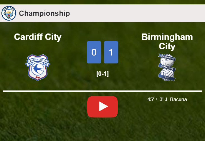 Birmingham City tops Cardiff City 1-0 with a goal scored by J. Bacuna. HIGHLIGHTS