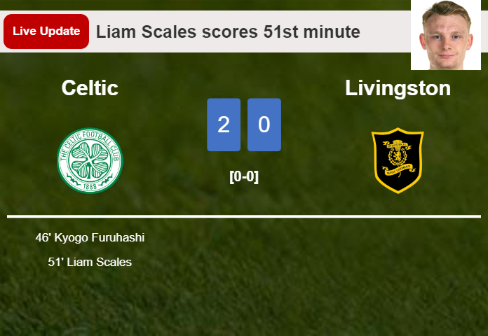 LIVE UPDATES. Celtic scores again over Livingston with a goal from Liam Scales in the 51st minute and the result is 2-0