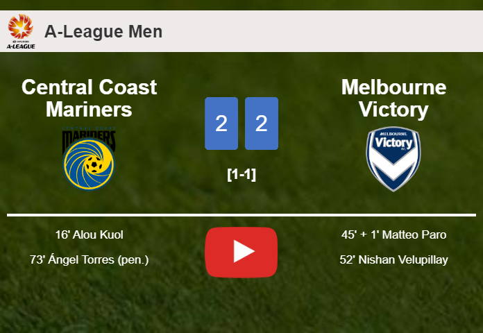 Central Coast Mariners and Melbourne Victory draw 2-2 on Sunday. HIGHLIGHTS