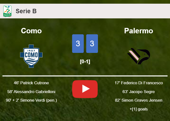 Como and Palermo draws a hectic match 3-3 on Saturday. HIGHLIGHTS