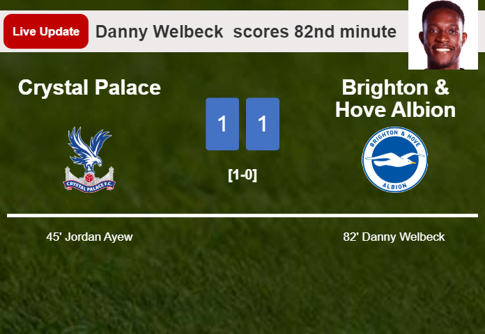LIVE UPDATES. Brighton & Hove Albion draws Crystal Palace with a goal from Danny Welbeck  in the 82nd minute and the result is 1-1
