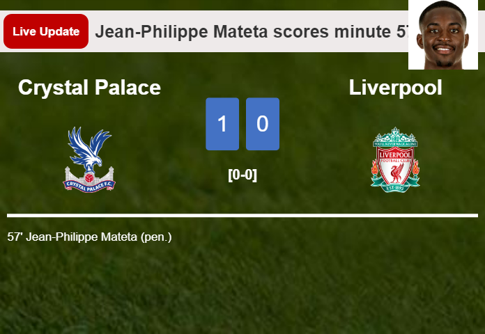 LIVE UPDATES. Crystal Palace leads Liverpool 1-0 after Jean-Philippe Mateta netted a penalty in the 57 minute