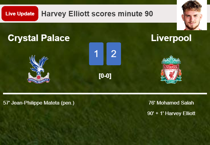 LIVE UPDATES. Liverpool takes the lead over Crystal Palace with a goal from Harvey Elliott in the 90 minute and the result is 2-1
