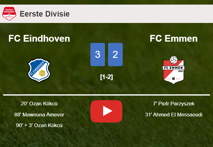 FC Eindhoven beats FC Emmen 3-2 with 2 goals from O. Kökcü. HIGHLIGHTS