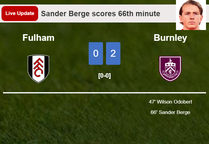 LIVE UPDATES. Burnley scores again over Fulham with a goal from Sander Berge in the 66th minute and the result is 2-0