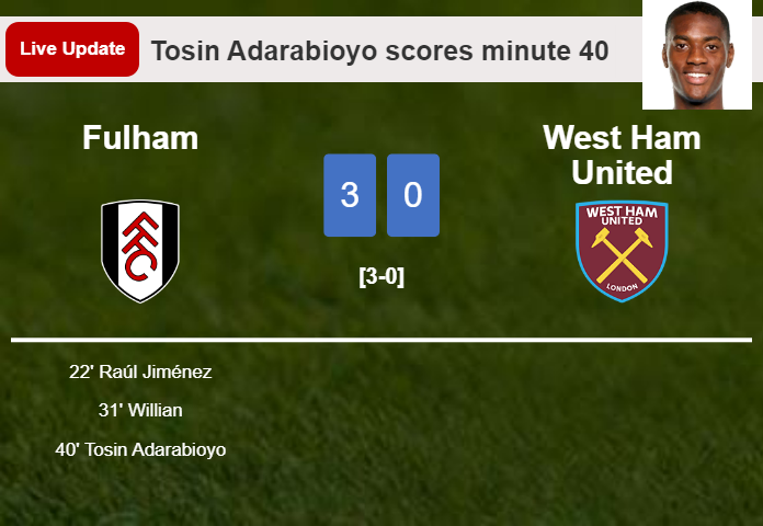 LIVE UPDATES. Fulham extends the lead over West Ham United with a goal from Tosin Adarabioyo in the 40 minute and the result is 3-0