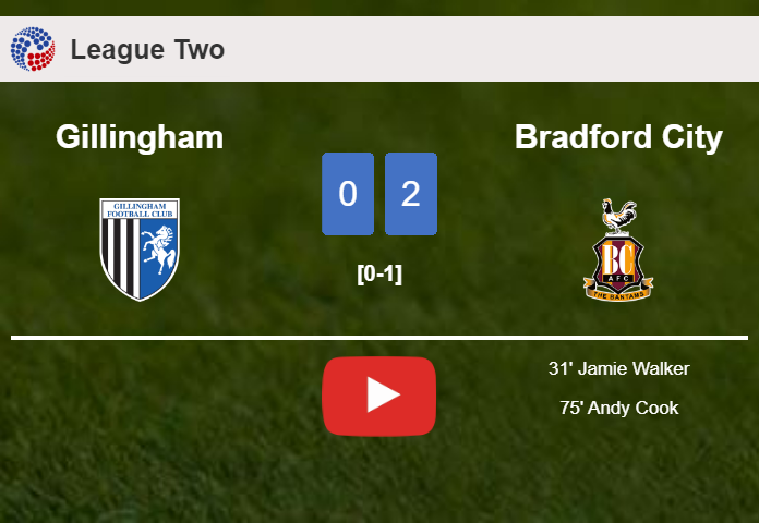 Bradford City prevails over Gillingham 2-0 on Saturday. HIGHLIGHTS