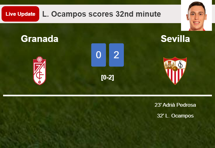 LIVE UPDATES. Sevilla scores again over Granada with a goal from L. Ocampos in the 32nd minute and the result is 2-0