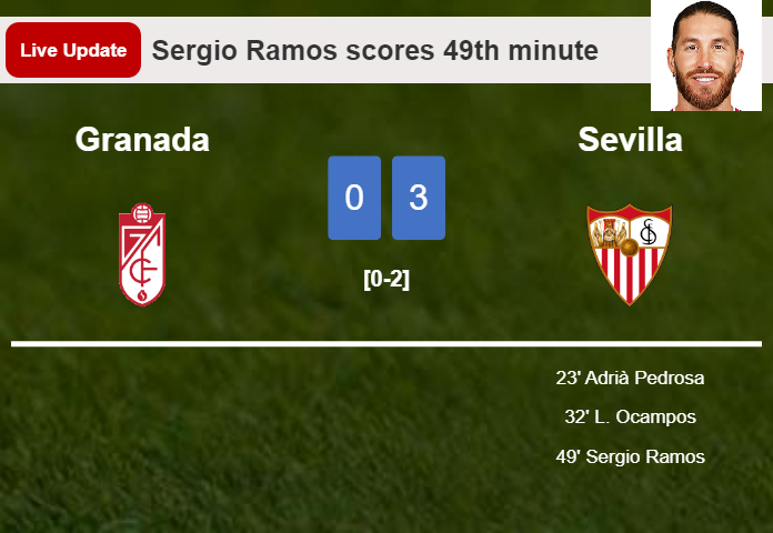 LIVE UPDATES. Sevilla extends the lead over Granada with a goal from Sergio Ramos in the 49th minute and the result is 3-0