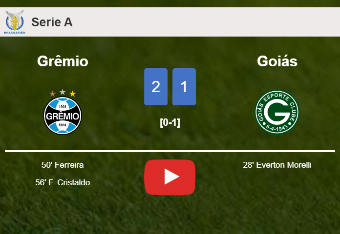 Grêmio recovers a 0-1 deficit to beat Goiás 2-1. HIGHLIGHTS
