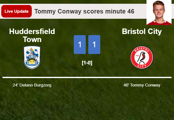 LIVE UPDATES. Bristol City draws Huddersfield Town with a goal from Tommy Conway in the 46 minute and the result is 1-1