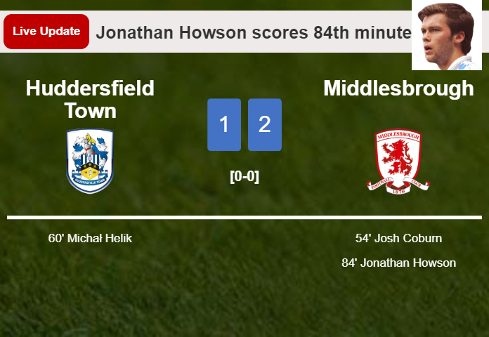 LIVE UPDATES. Middlesbrough takes the lead over Huddersfield Town with a goal from Jonathan Howson in the 84th minute and the result is 2-1