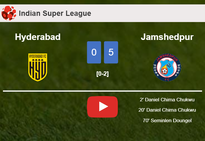 Jamshedpur tops Hyderabad 5-0 with 3 goals from D. Chima. HIGHLIGHTS