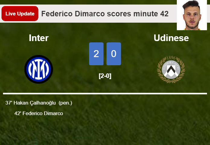 LIVE UPDATES. Inter extends the lead over Udinese with a goal from Federico Dimarco in the 42 minute and the result is 2-0