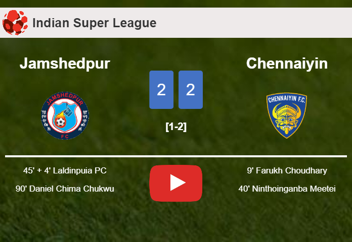 Jamshedpur manages to draw 2-2 with Chennaiyin after recovering a 0-2 deficit. HIGHLIGHTS
