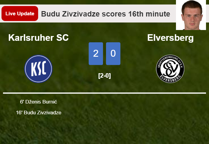 LIVE UPDATES. Karlsruher SC extends the lead over Elversberg with a goal from Budu Zivzivadze in the 16th minute and the result is 2-0