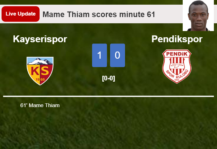 LIVE UPDATES. Kayserispor leads Pendikspor 1-0 after Mame Thiam scored in the 61 minute