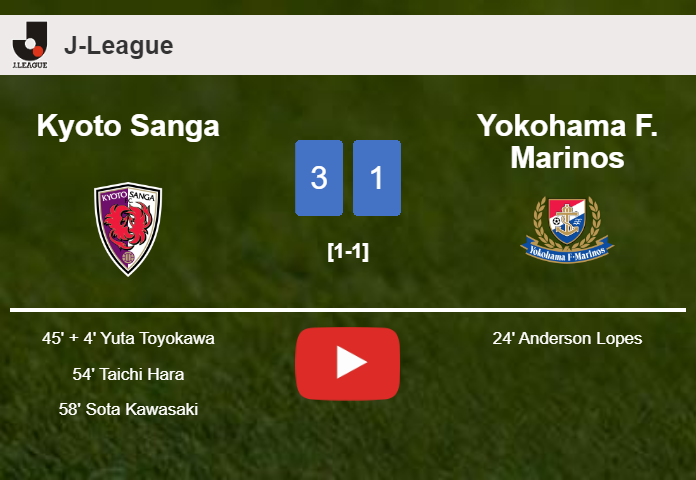 Kyoto Sanga beats Yokohama F. Marinos 3-1 after recovering from a 0-1 deficit. HIGHLIGHTS