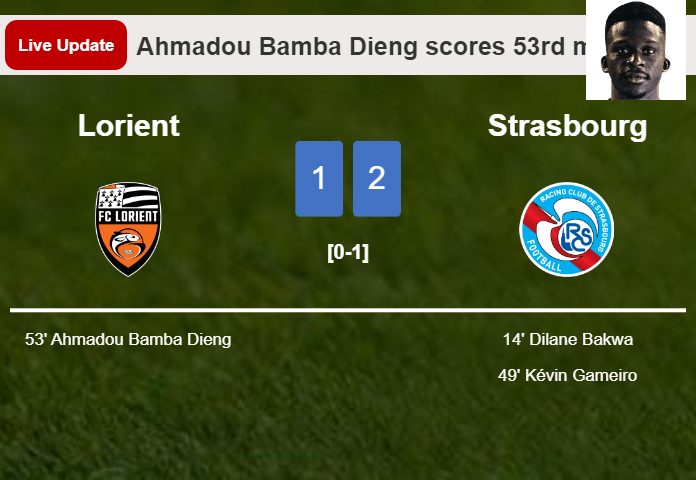 LIVE UPDATES. Lorient getting closer to Strasbourg with a goal from Ahmadou Bamba Dieng in the 53rd minute and the result is 1-2