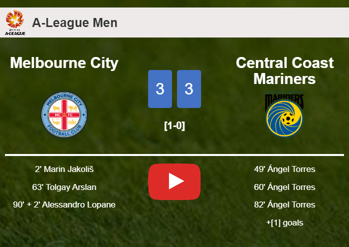 Melbourne City and Central Coast Mariners draws a frantic match 3-3 on Sunday. HIGHLIGHTS