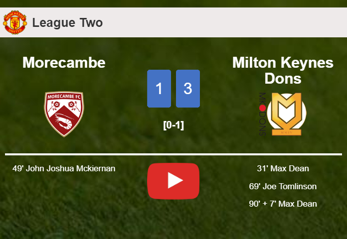 Milton Keynes Dons tops Morecambe 3-1 with 2 goals from M. Dean. HIGHLIGHTS