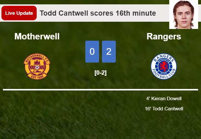 LIVE UPDATES. Rangers extends the lead over Motherwell with a goal from Todd Cantwell in the 16th minute and the result is 2-0