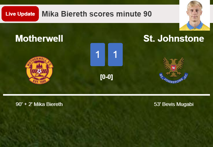 LIVE UPDATES. Motherwell draws St. Johnstone with a goal from Mika Biereth in the 90 minute and the result is 1-1