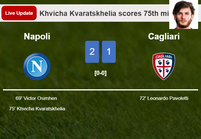 LIVE UPDATES. Napoli takes the lead over Cagliari with a goal from Khvicha Kvaratskhelia in the 75th minute and the result is 2-1