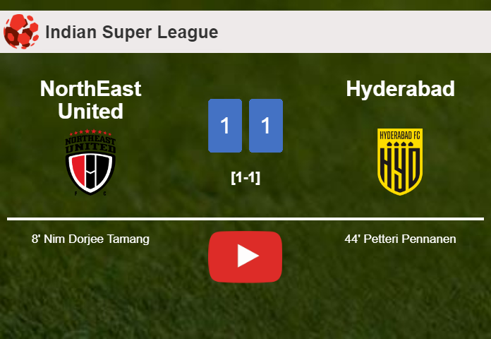 NorthEast United and Hyderabad draw 1-1 on Sunday. HIGHLIGHTS