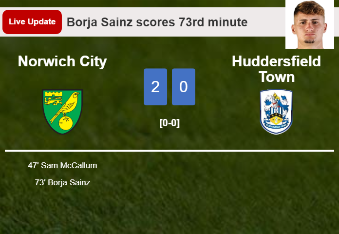 LIVE UPDATES. Norwich City scores again over Huddersfield Town with a goal from Borja Sainz in the 73rd minute and the result is 2-0